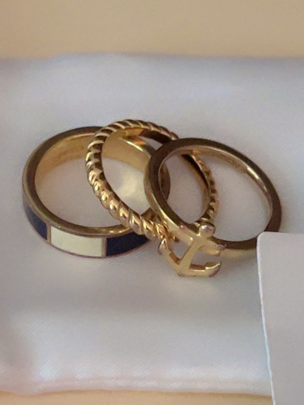 Coach Stackable Ring Trio with Gold Anchor, Rope, and Navy and Cream Inlay bands